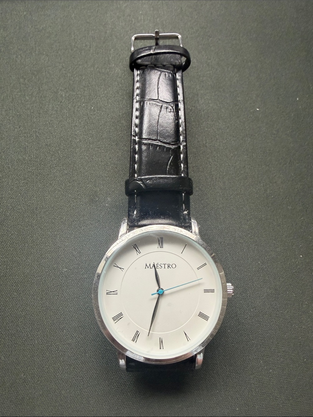 Men's Black Leather Strap Watch – Black & Silver Dial
